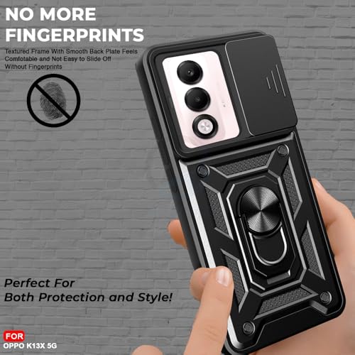 Image of AESTMO Tough Armor Oppo K13X 5G Bumper Back Case Cover | Ring Holder & Sliding Camera Shield Cover | 360 Degree Protection Back Case Cover for Oppo K13X 5G (Black)