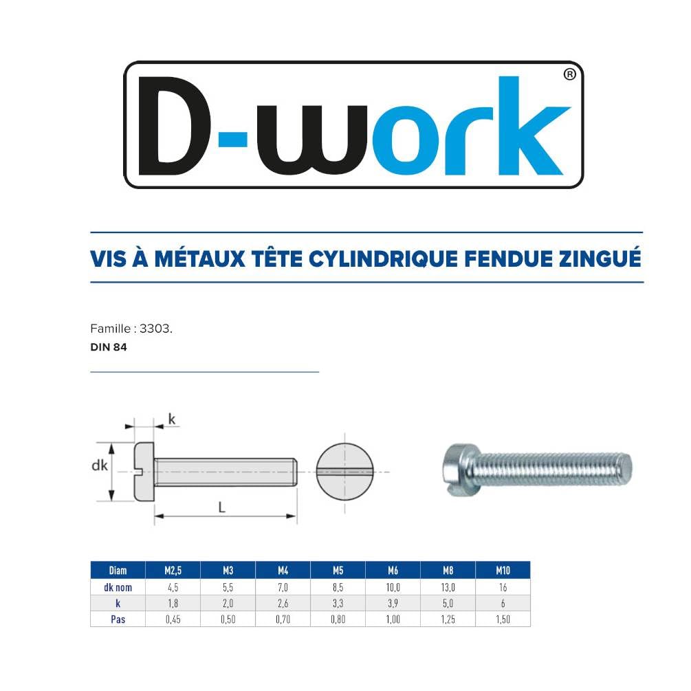 D-Work, 200 viti metalliche a testa cilindrica scanalata, 5 x 70 mm, DIN 84, zincato bianco