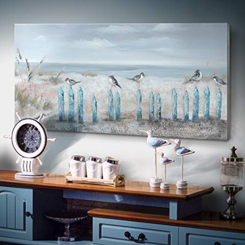 Image of Ejart Large Ocean Beach Wall Art 3D Framed Hand-Painted Seascape Oil Painting Perching Bird Canvas Artwork 'The Tranquility by The Sea Shore' for Living Room Bedroom Decor Coastal Blue 48x24inch