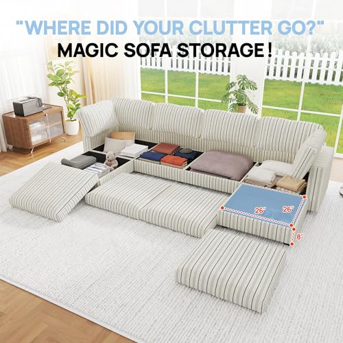 Image of 99 inch Cotton Linen Modular Sectional Sofa Bed with Hidden Storage, 6 Seat Convertible L U Shaped Sleeper Couch with Ottoman Chaise, Farmhouse Modular Sectional Couch with Removable Cover for LivingRoom