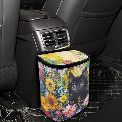 Image of Talayituse Cat Daisy Print Car Trash Can Accessories Organizer Garbage Bag Dustbin Container with Lid Waste Basket Storage Pocket Hanging Large Size Vehicle Trash Bin