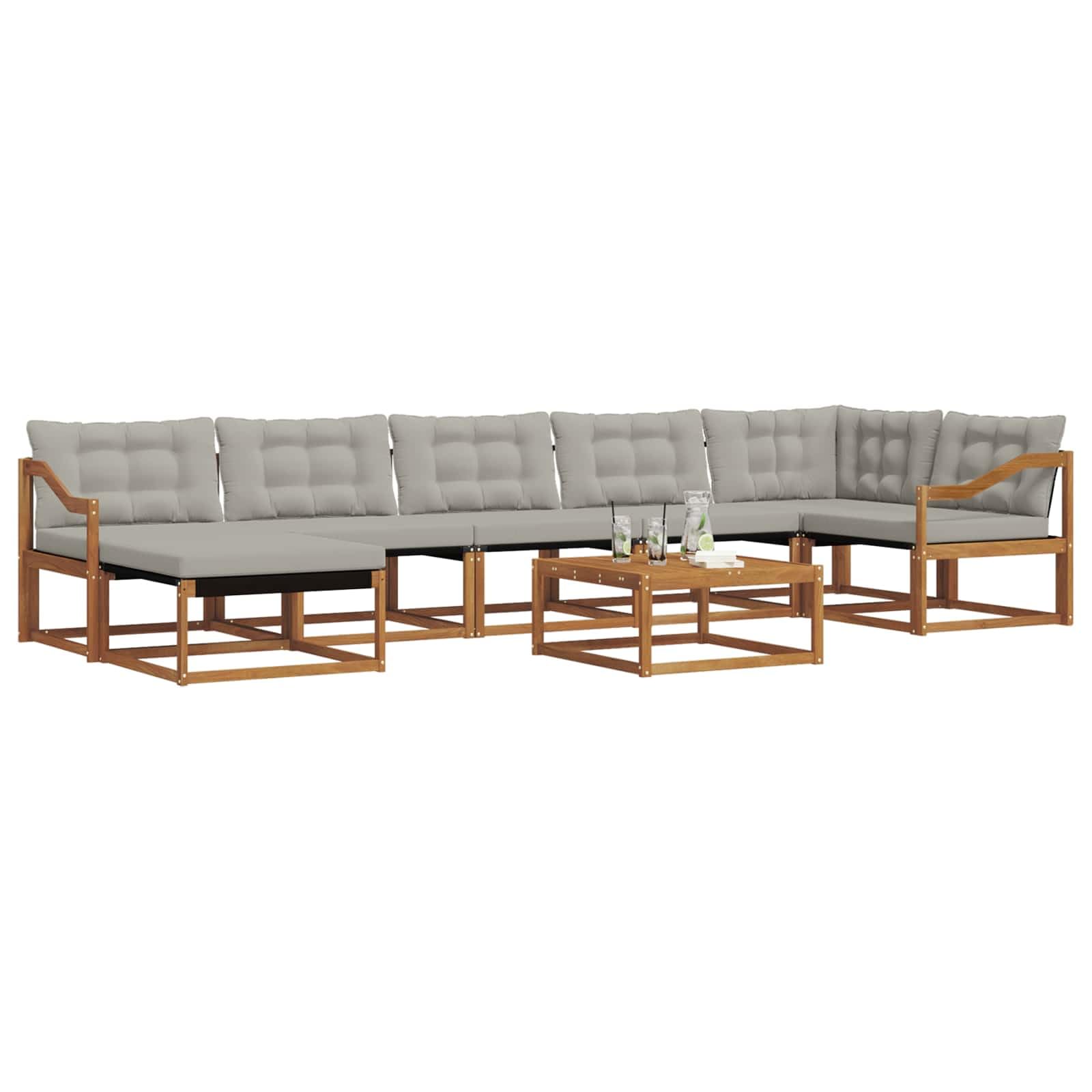 Gartenmöbelgarnitur mit 8 Teilen aus Massivholz Akazie für Terrasse Balkon und Garten, wetterfestes Sitzgruppe Set mit Kissen, modernes Design, inklusive Tisch, Sofas, Hocker und Kissen