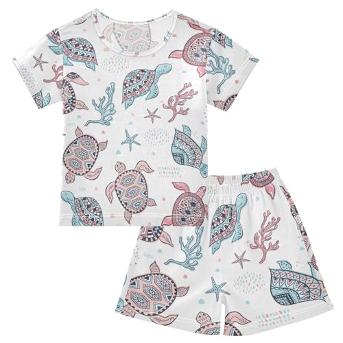 Pajama Short Sets Cute Sea Turtles Soft Cotton Summer Sleepwear 2 Piece PJS Size 5-14T