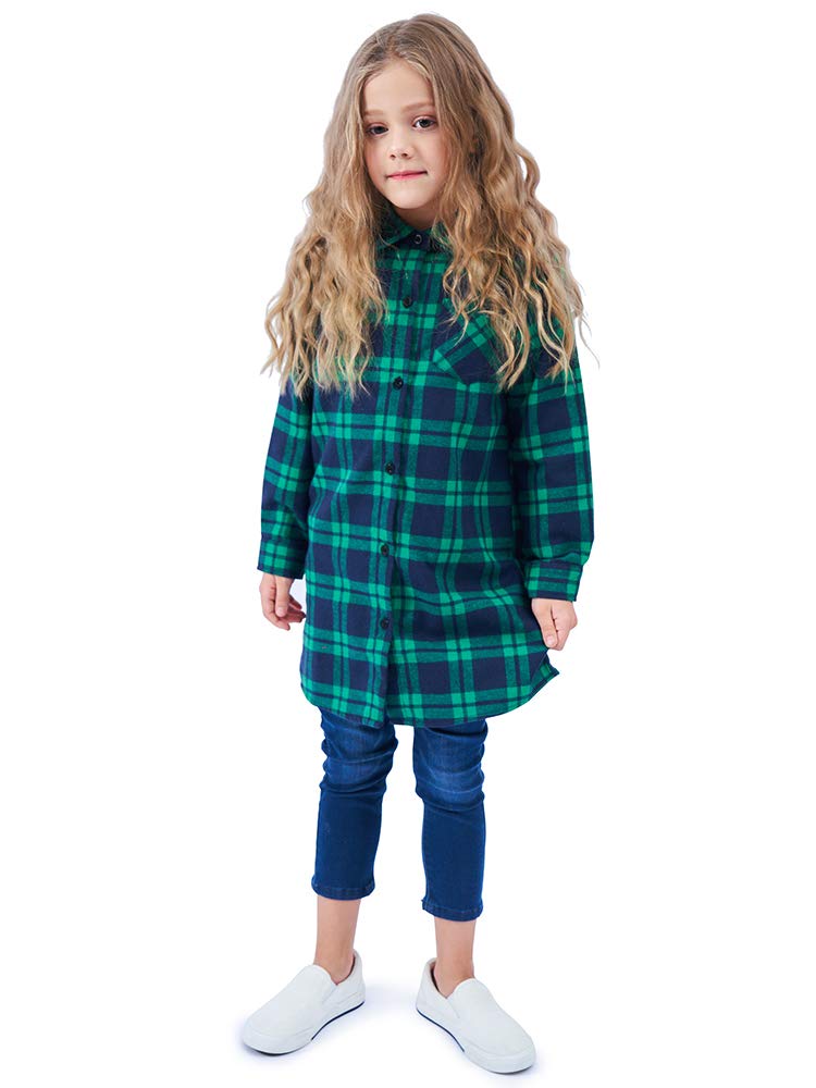 OCHENTA Girls Plaid Flannel Shirts Long Sleeve Button Down Shirt Dress