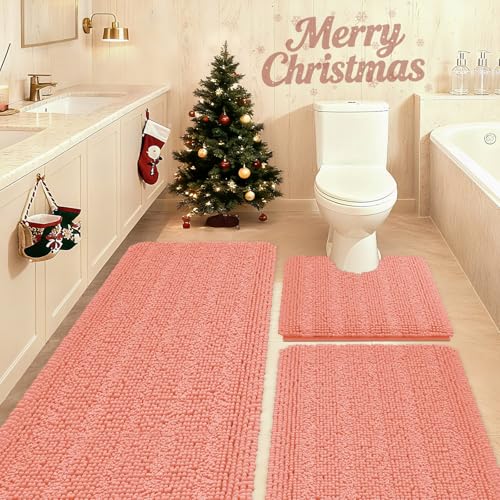 ACCUMTEK Striped Coral Bathroom Rug Set 3 Pieces Ultra Soft, Non Slip Chenille Toilet Mat, Absorbent Plush Shaggy Bath Mats for Bathroom, Bedroom, Kitchen