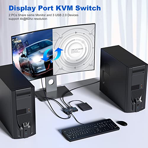 Kvm Switch Displayport - 2 Port Dp Kvm Switch, Two Computers One Monitor Switch To Share Mouse,Keyboard,Printer, Usb 2.0 Device And Ultra Hd Monitor, Support 4K@60Hz, 2 Dp And 2 Usb Cable Included #TOP1