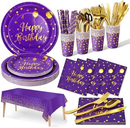 Nkaiso Birthday Party Tableware, 161 Pieces Purple Gold Party Sup...
