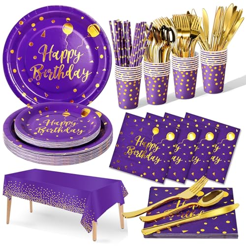 Nkaiso 161 Pcs Purple Gold Birthday Plates and Napkins Set -20 Serves