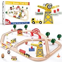 74 Pcs Wooden Train Set with Battery Operated Train & Wooden Tracks -Fits Thomas, Brio, Chuggington, Melissa and Other Major Brands- Kids Toys for 3,4,5,6,7 Years Old Boys & Girls