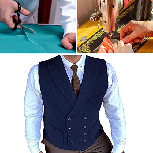 Men's Herringbone Tweed Waistcoat Vintage Lapel Double Breasted Suit Vest for Business Wedding (Color : Navy, Size : XX-Large)3
