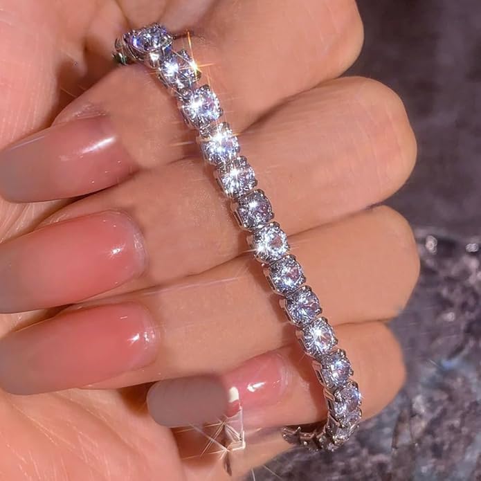 14K White Gold Plated 5mm Cubic Zirconia Tennis Bracelet for Women and Men, Classic Silver Diamond Tennis Bangle Bracelets, Adjustable Detachable 7.6IN Length, Suitable for Everyone - Image 2