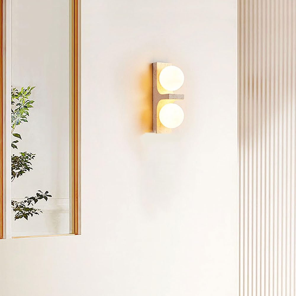 Lampa ścienna do sypialni, 2 światła, japoński styl wabi-sabi, matowy żółty trawertyn, białe szkło, styl wiejski, z litego drewna, mini, do sypialni, salonu, kuchni,