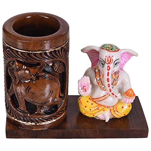 Image of Craft Trade 14x11 Cm Round Carved Wooden Pencil Holder with Ceramic Ganesha Statue - White Brown