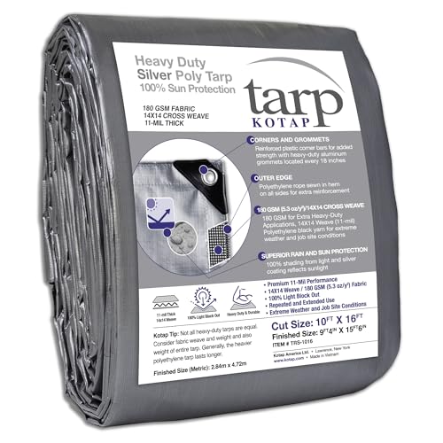 Kotap 10 x 16 Ft. Heavy-Duty Protection/Coverage Tarp Superior Weave for Greater Longevity 10-mil Multi-Use Waterproof TRS-1016 Silver (1-Pack)
