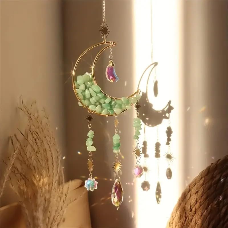 Hanging Window Decoration - Moon Crystal Sun Catcher with Green Quartz Stone, Crystal Prisms Wind Chime - Rainbow Maker