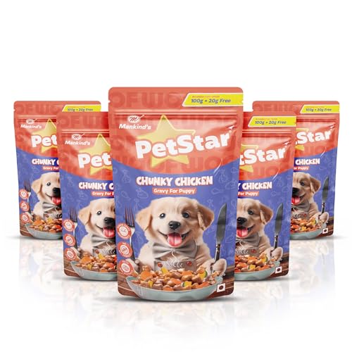 Image of Mankind Petstar Puppy Wet Dog Food (High Protein) Chunky Chicken Gravy, 120g (Pack of 5) | Made with Real Chicken & Veggies |Puppy Dog Food| No Artificial Flavors