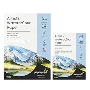 PaperPep Artists' Watercolour Paper 200GSM Cold Pressed A4 (Pack of 14) + A5 (Pack of 20) for Watercolour, Gouache, Ink, Acrylic, Wet & Mixed Media, Art Painting, Drawing for Artists' & Amateurs
