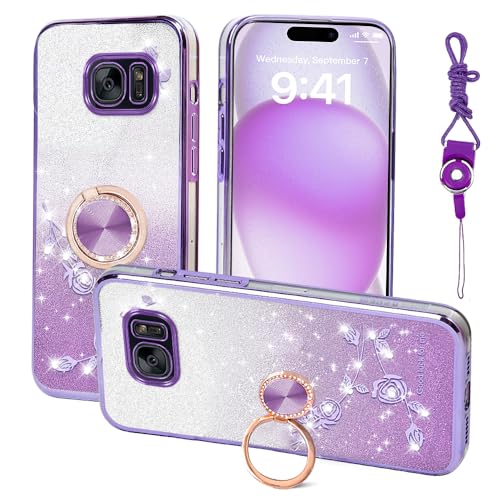 Nouxwerx for Samsung S7 (Not Fit S7 Edge) Phone Case, for Cute TPU Soft Slim Pink Cover for Girls Women with Ring Stand Strap Lanyard Shockproof Protective Case for Samsung Galaxy S7 (Purple)