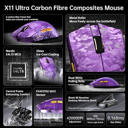 Image of ATTACK SHARK X11Ultra 8K Carbon Fiber Tri Mode Wireless Gaming Mouse-Purple