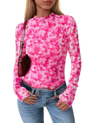 PRETTYGARDEN Womens 2025 Fall Mesh Floral Blouses Long Sleeve Going Out Tops Slim Fitted Shirts Date Night Outfits (Floral White Rose Pink,Small)