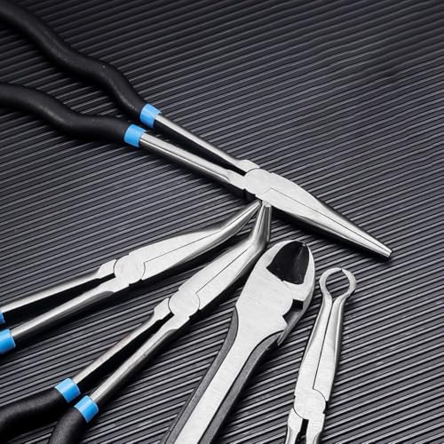 Juego de cinco alicates de punta larga con puntas de punta de aguja rectas y curvas en múltiples ángulos para un manejo preciso en reparaciones mecánicas y eléctricas (5 piezas)