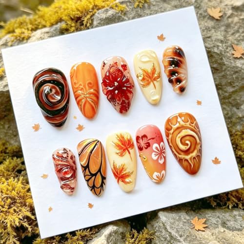 30Pcs Thanksgiving Fall Press on Nails Medium Almond Fake Nails M...