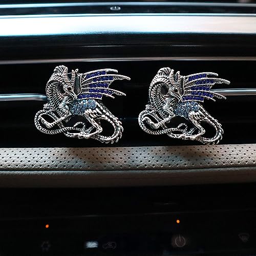 Image of ORIESSE Bling Dragon Car Decor,2pcs Silver Blue Vintage Dragon Car Air Freshener Vent Clips,Refillable Diffuser