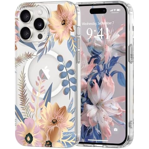 Pepmune Magnetic for iPhone 14 Pro Case Floral, Cute Luxury Clear Flower Case for Women Girls Elegant Aesthetic Soft [Compatible with Magsafe] Protective Cover Phone Case for iPhone 14 Pro, Blossom Cover