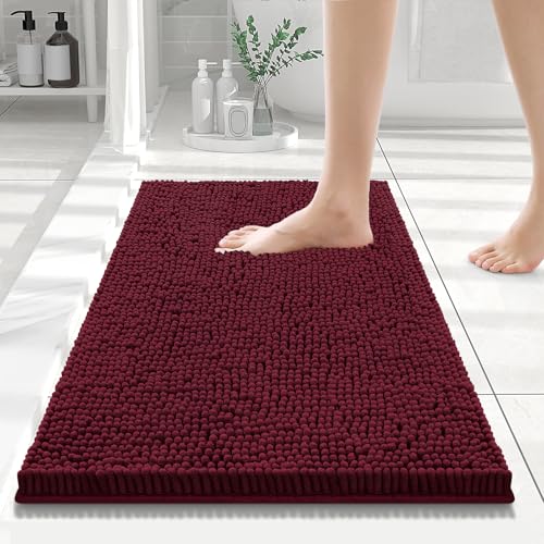 Smiry Luxury Chenille Bathroom Rugs 24x16, Extra Soft and Absorbent Shaggy Bath Mat, Machine Washable, Non-Slip Plush Carpet Runner for Tub, Shower, and Floor, Home Decor Accessories, Burgundy