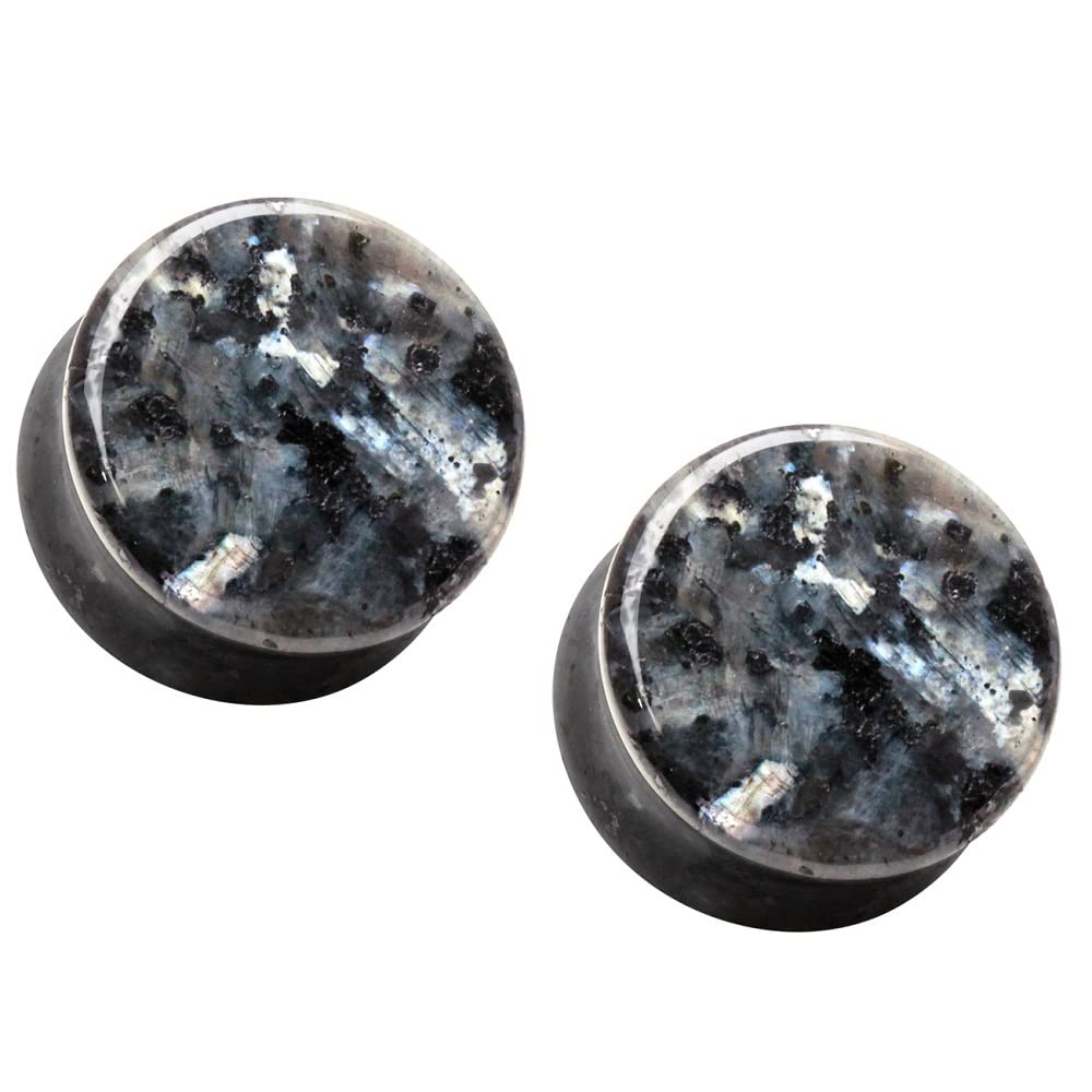 Pierced Owl Natural Black Labradorite Stone Double Flared Plugs, Sold as a Pair