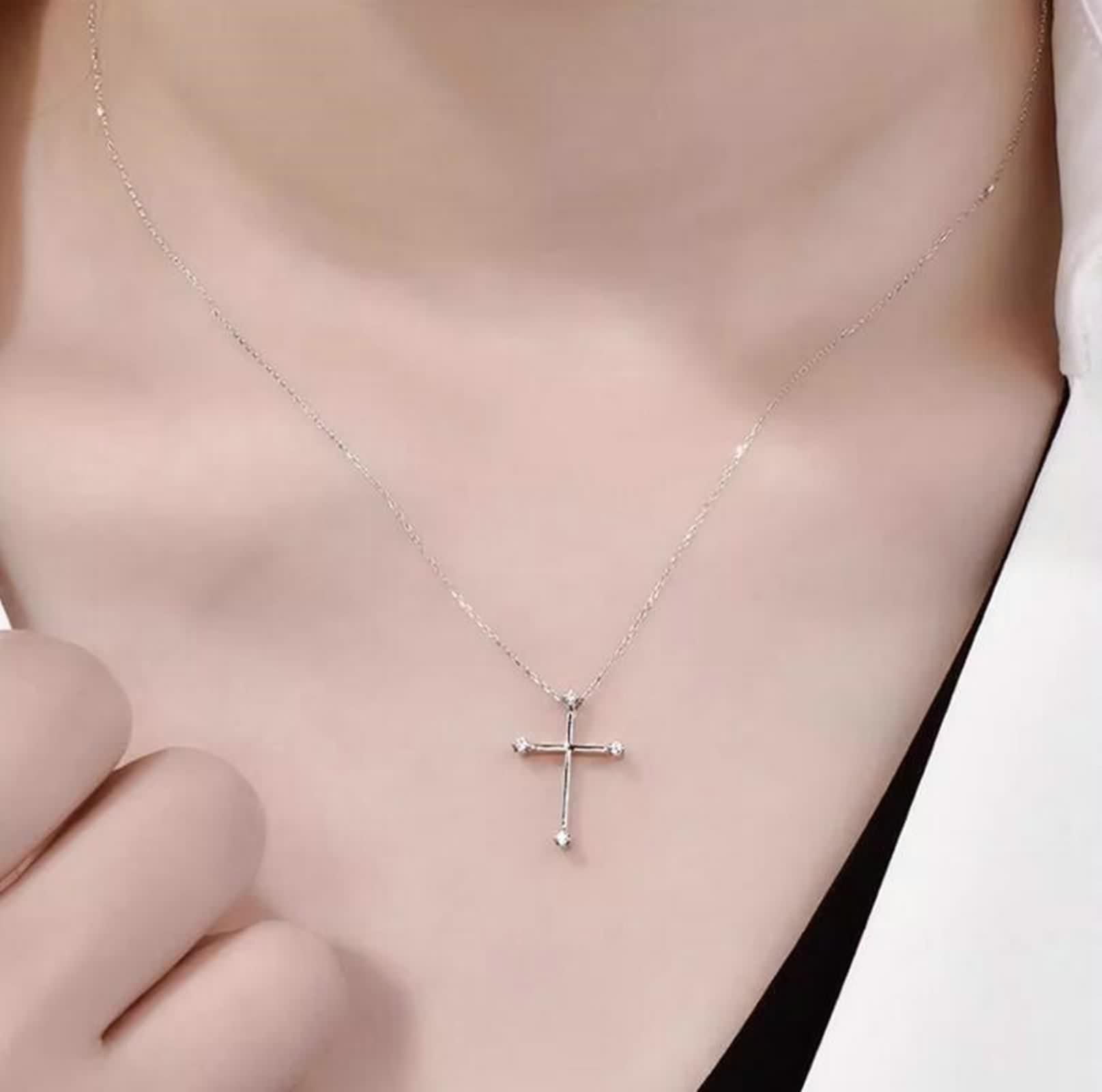 Collar largo con colgante para mujer, collar, cadenas de diamantes blancos, joyería cruzada de 9/14/18 quilates, oro blanco/platino, 18 pulgadas, oro blanco de 14 ct, diamante
