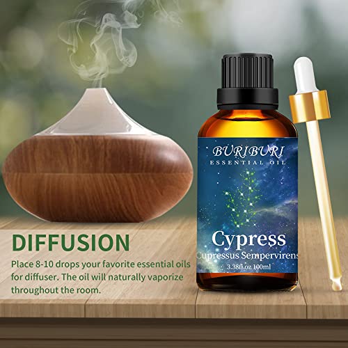 Image of BURIBURI 100ML Cypress Essential Oil, 100% Pure Undiluted Aromatherapy Cypress Oil 3.38fl.oz for Soap, Candle Making, Massage, Diffuser, Humidifier