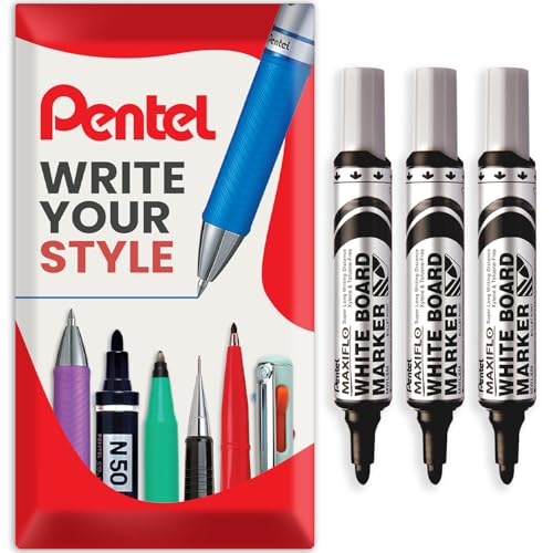 Pentel Maxiflo Whiteboard Marker Pen - Medium Bullet Tip - Black Ink - MWL5M - Pack of 3 Pens in Envelope Gift Packaging