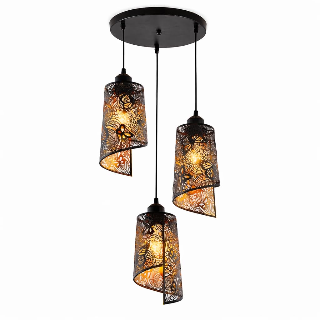Metal Cutwork Pendant Hanging Light, Black, E27, Shadow Lighting Effect, for Living Room, Bedroom & Café (Barrel)-image-19