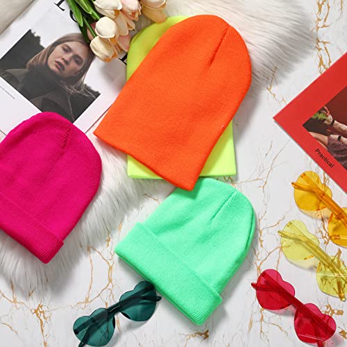 8 Pcs Neon Knit Beanie Hat Set Include 4 Pcs Ski Plain Beanie Cap 4 Pcs Heart Shaped Rimless Transparent Sunglasses Party Favors Elastic Beanie Hats Valentine's Day Gift #TOP3