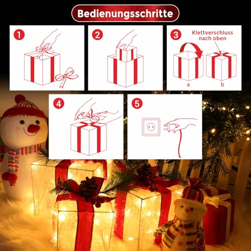 ELKTRY 3er Set LED Weihnachtsdeko innen, Geschenkboxen mit Schleife außen – Ansicht 6