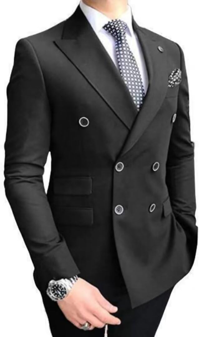 Men's Slim Fit Suits, Double Breasted Suit for Men, 2 Piece Suit Tuxedo Solid Jacket Pants Set Wedding Prom Party Black