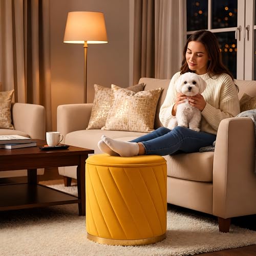 Image of Luxury Round Velvet Ottoman Stool with Gold Base - Modern Upholstered Footrest Pouffe, Tufted Vanity Seat, Living Room Bedroom Dressing Stool (Yellow)