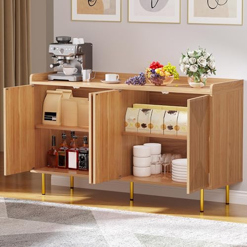 DWVO 55" Kitchen Storage Cabinet, Modern Sideboard Buffet Cabinet with Storage, Adjustable Shelves and Carved Design Doors for Living Room, Dining Room, Natural