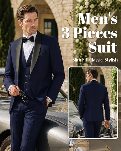 Image of MY'S Mens 3-Piece Suit Shawl Lapel One Button Tuxedo Winter Fabric Slim Fit Premium Dinner Jacket Vest Pants & Tie Set