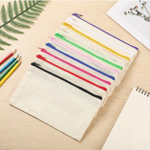 RJTCXJS 12 Stück Stoffbeutel zum Bemalen, DIY Stoff Federmäppchen zum Bemalen, Kosmetiktasche zum Bemalen, DIY Blanko Stoffbeutel Set, Kulturbeutel für Reisen, Bastelarbeiten, Schule (Mehrfarbig)
