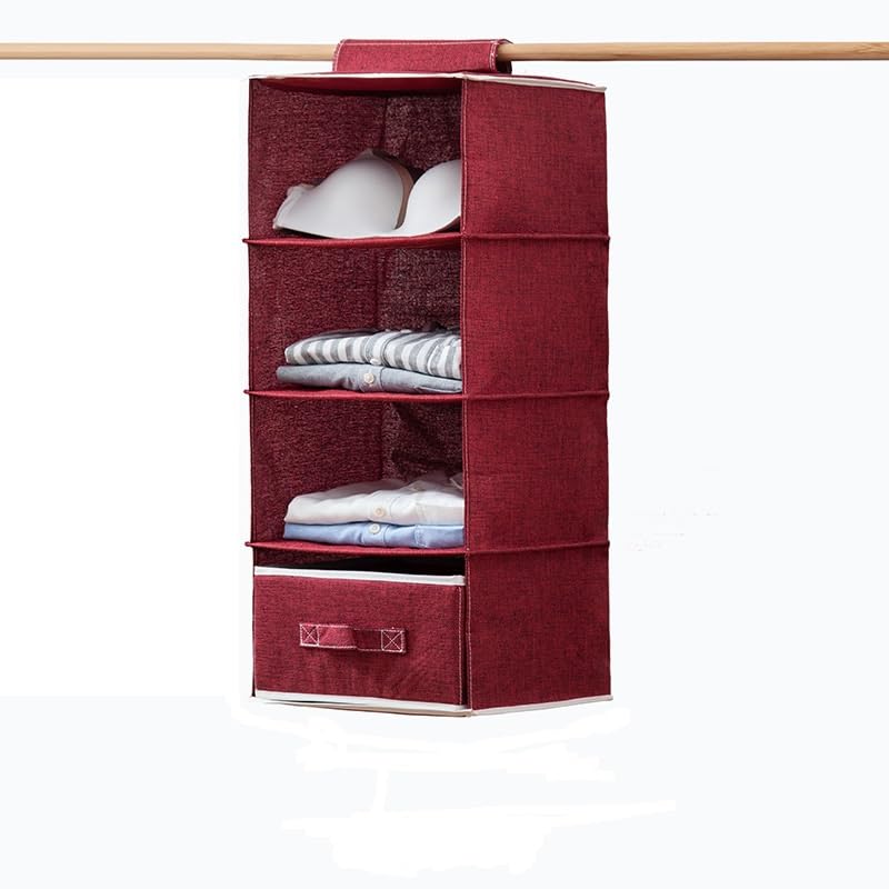 Organizer da appendere per armadio, 71 x 30 x 30 cm, in cotone e lino (rosso vino, con cassetto)