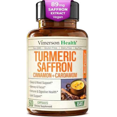 Saffron Supplements – 89mg Saffron Extract and 1000mg Tumeric Blend – Turmeric Supplement with Ceylon Cinnamon and Cardamom for Mood, Memory & Eye Health – Joint Supplements for Women & Men – 60 Count