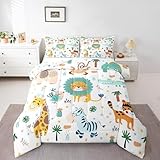 Feelyou Cartoon Jungle Animals Bedding Set Twin Size Kids Safari Zoo Animals Comforter Sets Lion Tiger Monkey Giraffe Quilt for Boys Girls Teens Child Toddler Bed Set 1 Comforter 1 Pillowcase