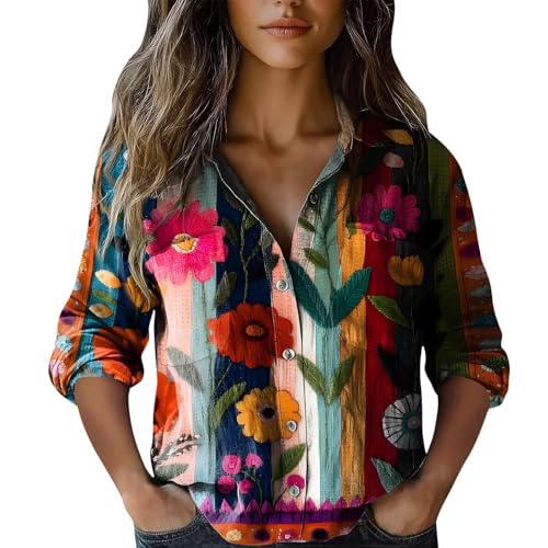 Chemisier élégant à manches longues et col en V pour femme - Chemise décontractée à manches retroussables - Imprimé floral - Léger et fluide - Pour l'été et...