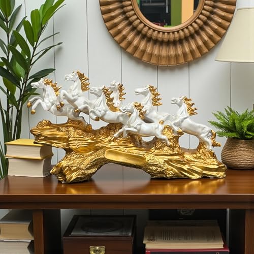 Image of 7 Running Horses Statue for Home Decor, White & Gold Resin Vastu Feng Shui Showpiece, Symbol of Prosperity, Decorative Gift for Living Room, Office, Housewarming, 17.5 Inch