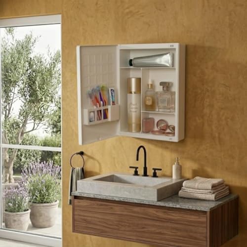 Image of BRANCO Cabinet with Mirror | 4 Shelves Rack | Bathroom Accessories | Wall Hanging Bathroom Shelf Cabinet with Mirror (New Rich Look (11D x 31W x 38H))