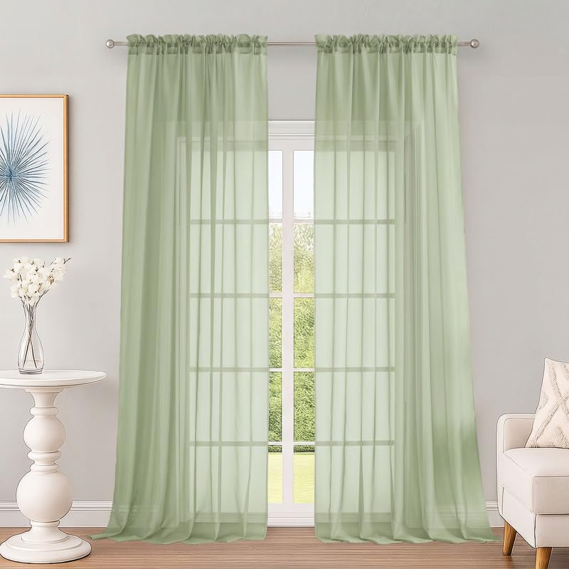 OWENIE Light Green Sheer Curtains 96 Inch 2 Panels for Living Room 59" Wide