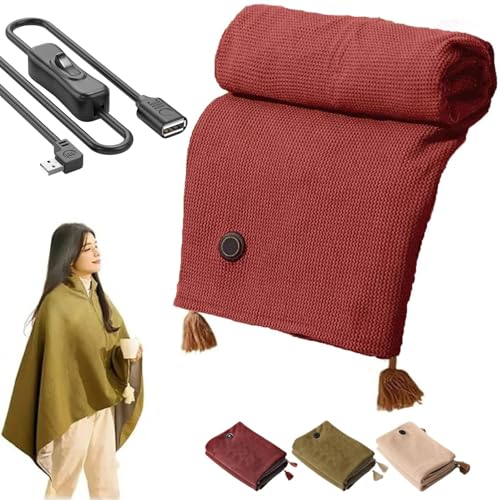 Usknxiu Chal térmico portátil para mujer, chal térmico para mujer, chal con calefacción USB, chal inalámbrico eléctrico con calefacción portátil, 3 niveles de calefacción, rojo, cable de extensión de