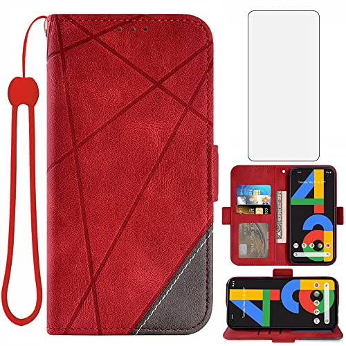 Asuwish Compatible with Google Pixel 4a 4G Wallet Case and Tempered Glass Screen Protector Leather Flip Cover Card Holder Stand Cell Accessories Phone Cases for Pixel4a Pixle a4 2020 Women Men Red -  Pixel-4A-4G-PJQB-US-Case